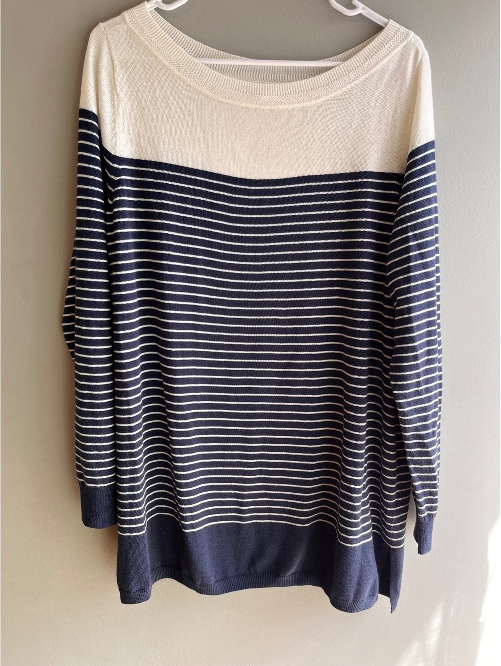 Caslon Off White & Navy Blue Striped Oversized Tunic Sweater Large